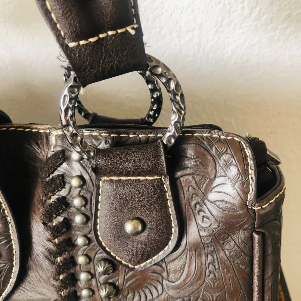 Montana West Trinity Ranch Hair on Cowhide Tooled Leather Concealed Carry Bag